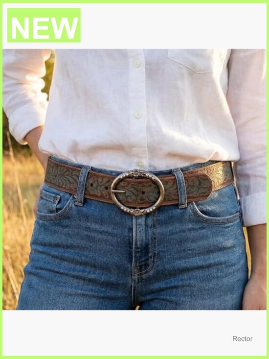 Vintage Western Distressed Embossed Leather Belt with Rhinestone Ring Buckle